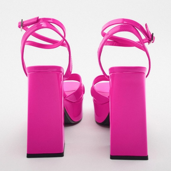 Zara Hot Pink Fuschia Platform square toe strappy sandals - Picture 3 of 8
